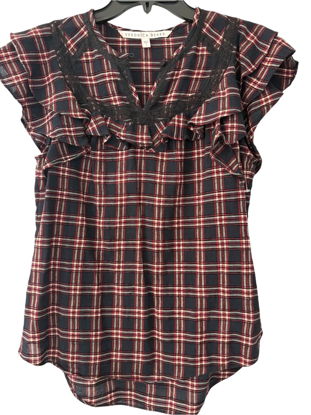 Veronica Beard Plaid Ruffle Lace Trim Blouse | Size 4